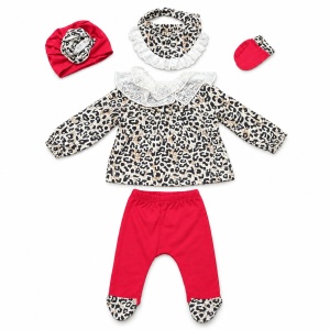 Set nou nascut fetita 5 piese bumbac rosu cu imprimeu leopard, dantela si pantaloni cu botosei - Img 4