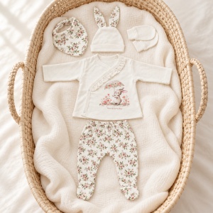 Set nou nascut fetita 5 piese din bumbac, crem cu imprimeu floral si iepuras, pantaloni cu botosei - Img 2