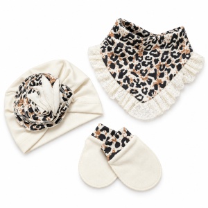 Set nou nascut fetita 5 piese din bumbac crem cu imprimeu leopard si dantela - Img 4