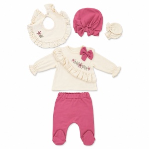 Set nou nascut fetita 5 piese din bumbac, crem si roz ciclam, cu volane si flori - Img 3