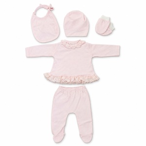 Set nou nascut fetita 5 piese din bumbac roz cu dantela, turban si botosei integrati - Img 5