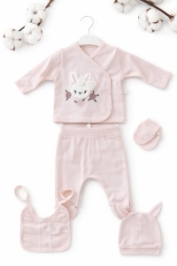 Set nou nascut fetite 5 piese roz cu iepuras pantalon bavetica si caciulita - Img 2