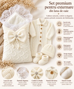 Set premium 4 piese pentru bebe fetita din lana de oaie cu port-bebe tricotat, salopeta, caciulita, botosei - Img 2