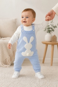Set salopeta tricotata bleu cu iepuras si bluza crem pentru bebelusi din acril