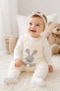 Set salopeta tricotata ivoire cu iepuras si bluza alba pentru bebelusi din acril premium