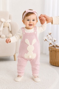 Set salopeta tricotata roz cu iepuras si bluza crem pentru bebelusi din acril premium