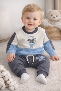 Set trening bebe baieti 2 piese bumbac compleu sport basket ball albastru gri