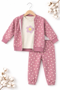 Set trening fete 3 piese roz prafuit cu buline jacheta bluza pantaloni - Img 2