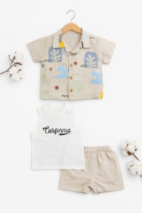 Set vara crem bebe 3 piese bumbac maieu camasa si pantaloni scurti casual - Img 2