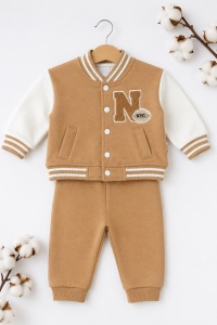 Trening bebe 3 piese camel din bumbac cu bluza, jacheta college si pantaloni pentru bebelusi - Img 6