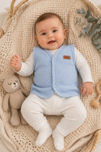 Vesta bebe bleu din bumbac waffle, cu capse, usoara si confortabila