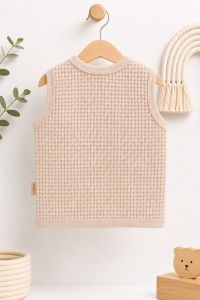 Vesta bebe crem din bumbac waffle, cu capse, moale si confortabila, fotografie de produs pe fundal alb
