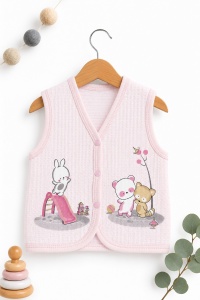 Vesta bebe roz din bumbac cu imprimeu animale si inchidere capse