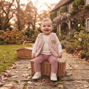 Vesta bebe roz din material teddy cu ursulet, prezentare in decor