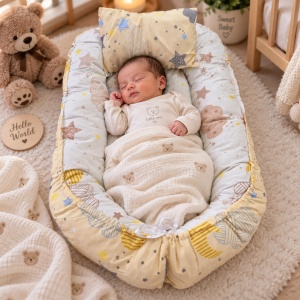Baby nest bebe 50x70 cm cu pernuta model stelute si norisori pentru nou nascuti
