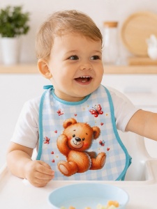 Bavetica bebe impermeabila bleu cu ursulet si fluturasi pentru hranire si diversificare