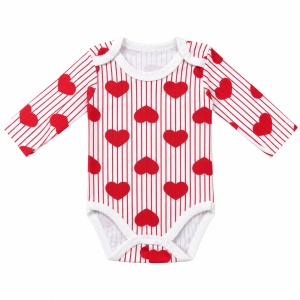 Body bebe cu maneca lunga, dungi rosii si inimioare, vedere din fata
