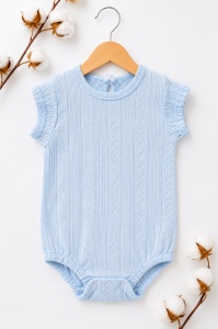 Body bebe bleu din bumbac cu model ajurat cu maneca scurta - Img 2