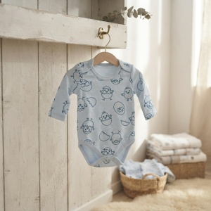 Body bebe bleu din bumbac cu puisori, maneca lunga