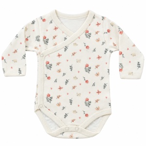 Body bebe alb crem cu maneca lunga si imprimeu floral, fotografie de produs pe fundal alb