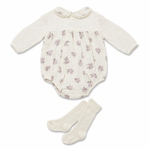 Body bebe fetita din muselina cu imprimeu floral, volan brodat si sosete - Img 5