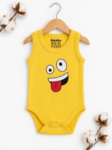Body bebe galben bumbac fara maneci imprimeu emoji haios - Img 2