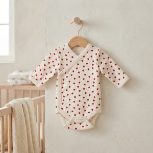 Body petrecut bebe din bumbac crem cu inimioare rosii, maneca lunga