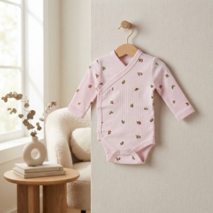 Body petrecut bebe fetita din bumbac roz cu imprimeu floral si maneca lunga