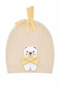 Caciulita bebe crem cu ursulet si fundita galbena unisex pentru nou nascut - Img 2