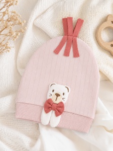 Caciulita bebe fetita 0-3 luni, 100% bumbac, roz cu ursulet aplicat - Img 2