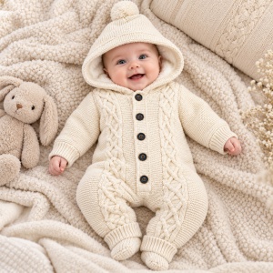 Combinezon bebe din lana de oaie complet imblanit cu gluga si ciucure
