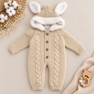 Combinezon bebe tricotat premium cu interior imblanit, gluga cu urechiuse si model impletit crem, prezentare in decor