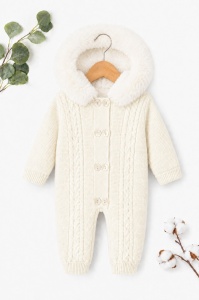 Combinezon bebe unisex ivoire tricotat, imblanit integral, cu gluga si blanita premium - Img 2