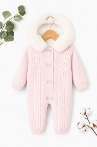 Combinezon tricotat imblanit bebe fetita roz cu gluga imblanita, salopeta de iarna premium - Img 2