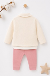 Compleu 3 piese bebe fetite roz cu sacou teddy, bluza cu ursulet si pantaloni - Img 4