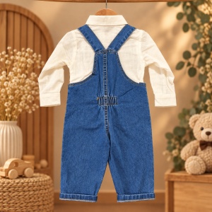 Compleu bebe baiat 2 piese, salopeta denim albastra cu bretele si camasa crem - Img 3