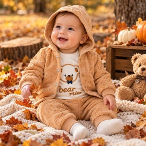 Compleu bebe baiat caramel 3 piese din bumbac cu ursulet si hanorac cu gluga