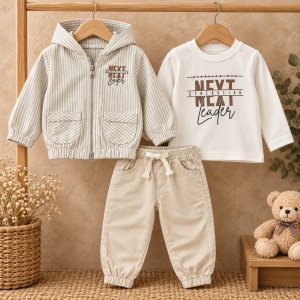 Compleu bebe baiat din bumbac cu geaca subtire, bluza si pantaloni, 3 piese - Img 2