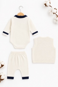 Compleu bebe baieti 3 piese crem cu body iepuras pantaloni si vesta tricotata - Img 4