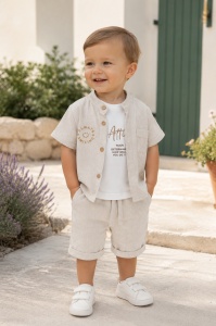 Compleu bebe baieti 3 piese din muselina gri cu tricou alb attitude