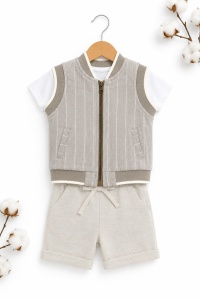 Compleu bebe baieti 3 piese elegant cu vesta crem si pantaloni scurti - Img 3