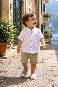 Compleu bebe baieti din muselina cu camasa alba si pantaloni scurti verzi