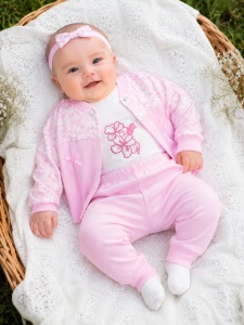 Compleu bebe fete 3 piese roz cu body floral si pantaloni din bumbac