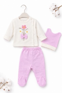 Compleu bebe fete 3 piese roz cu floricele si caciulita - Img 2