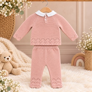 Compleu bebe fetita 2 piese din bumbac tricotat, bluza cu guler si pantaloni, roz - Img 3