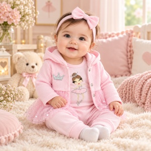 Compleu bebe fetita 3 piese, 100% bumbac, body cu balerina, pantaloni si jacheta cu gluga si tull, roz