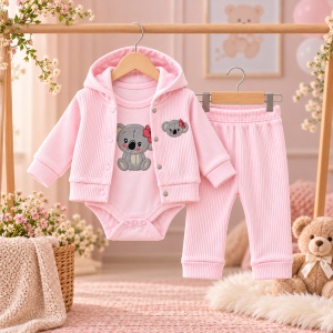 Compleu bebe fetita 3 piese, bumbac, body cu koala, jacheta cu gluga si pantaloni, roz - Img 3