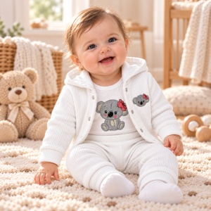 Compleu bebe fetita 3 piese, bumbac, body cu koala, jacheta cu gluga si pantaloni, alb