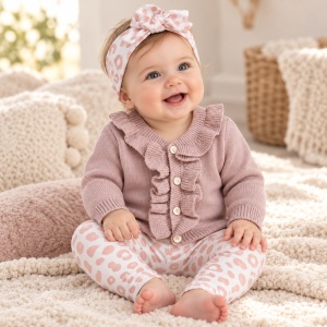 Compleu bebe fetita 3 piese, pulover din lana naturala, colanti animal print si bentita