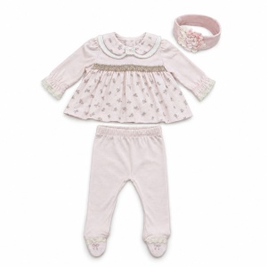 Compleu bebe fetita roz si ivory cu imprimeu floral, pantaloni si bentita, fotografie de produs pe fundal alb